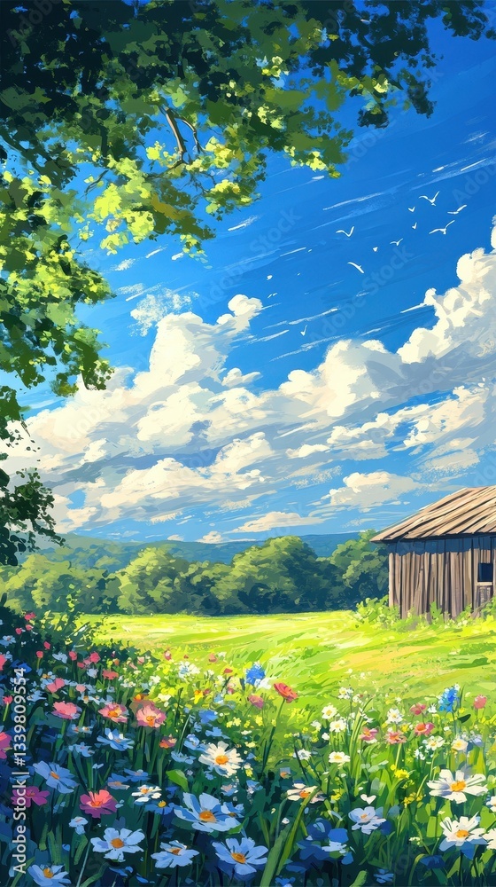 Obraz premium A vibrant illustration depicts a sunny day in a landscape