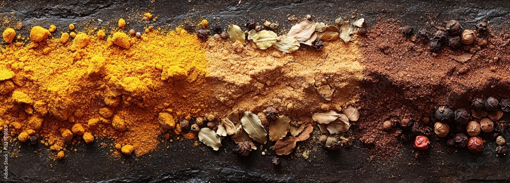Obraz premium Vibrant display of ground and whole spices on a textured stone surface