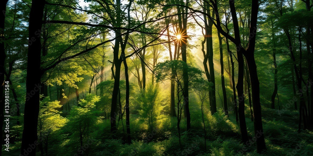 Fototapeta premium Misty green forest, sunlight filtering through dense canopy, dark, serene