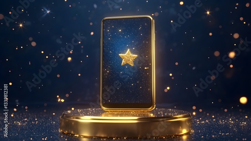 Digital Delight: A stylized smartphone, adorned with a prominent star, resting upon a polished golden pedestal, bathed in a constellation of twinkling lights.