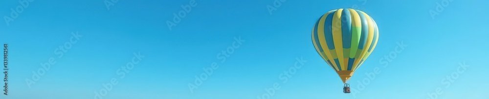 Fototapeta premium Vibrant hot air balloon floats in clear blue sky, elevation, sunrise, colorful