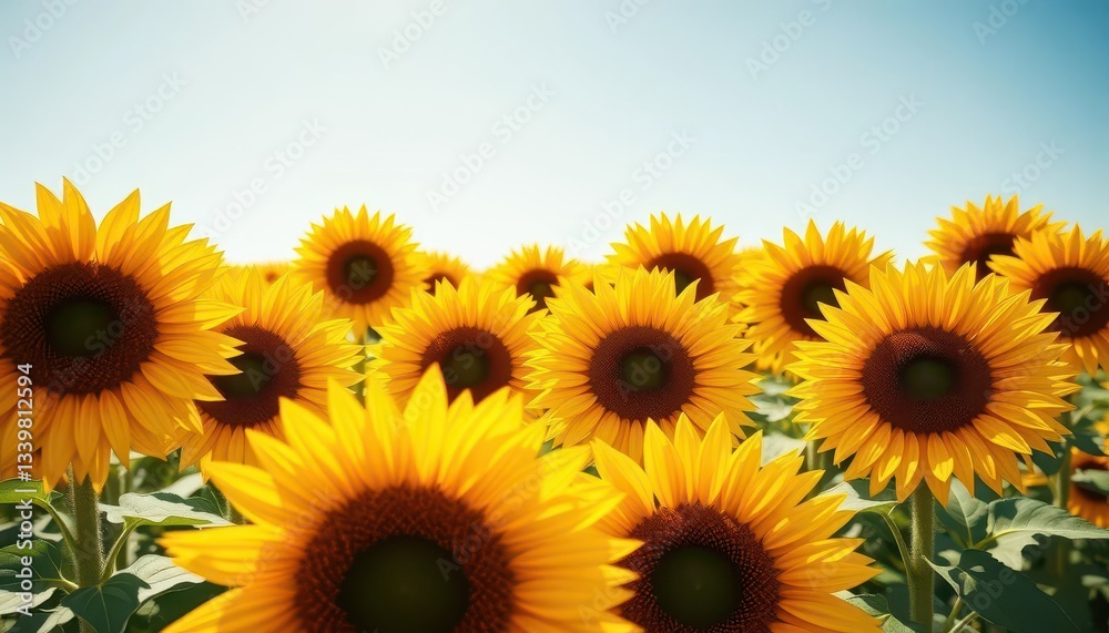 Fototapeta premium Vibrant yellow sunflowers fill the frame, creating a sunny, cheerful backdrop, texture, background