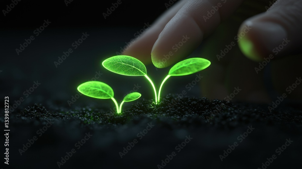 Naklejka premium A glowing green plant is being touched by a human hand