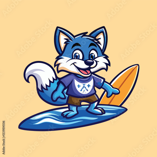 Surfing Fox Mascot Vector Logo Character Cartoon with Surfboard