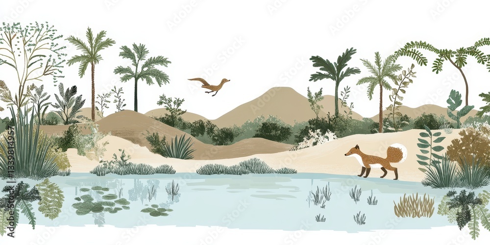 Obraz premium An illustrated landscape depicts a fox and a prehistoric bird
