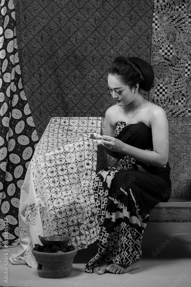 Fototapeta premium An Indonesian woman in traditional batik attire creating batik using a canting. She sits elegantly on a wooden bench, surrounded by handmade fabrics, showcasing cultural heritage.
