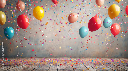 Colorful balloons and confetti falling onto wooden floor, creating a festive and celebratory scene, ideal for party or birthday themes