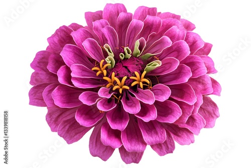 Magenta zinnia flower with symmetrical petal formation, floating over a solid white background.