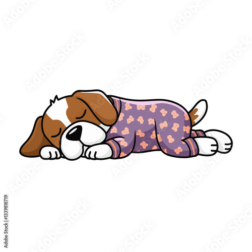 A 2D vector illustration of a realistic Saint Bernard dog sleeping peacefully with closed eyes. The dog is wearing cute pajamas with a
playful design