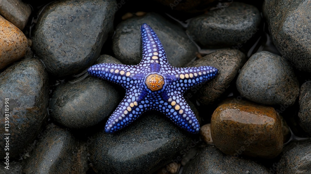 A colorful starfish resting on a bed of grey river rocks A colorful starfish resting on a bed of grey river rocks