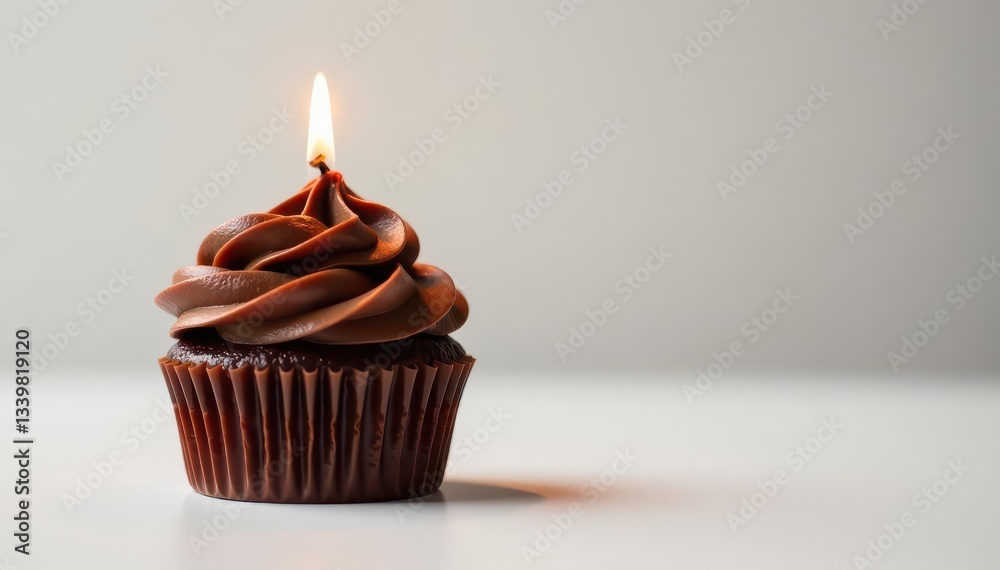 Chocolate cupcake with burning candle, pristine white backdrop, treat, chocolate, whipped cream Chocolate cupcake with burning candle, pristine white backdrop, treat, chocolate, whipped cream