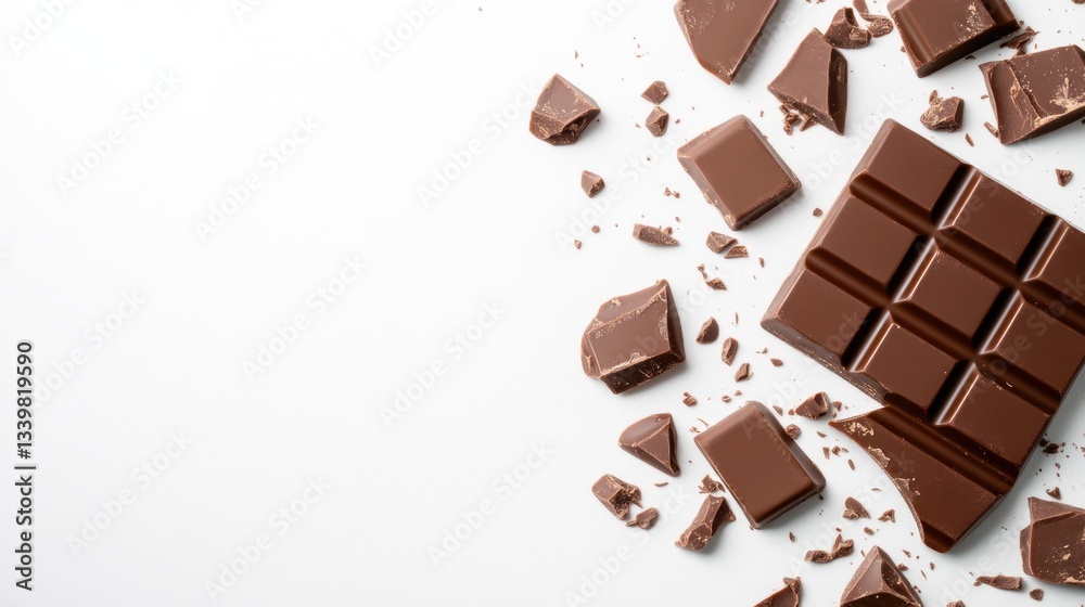 Milk Chocolate Bar Broken into Pieces on White Background