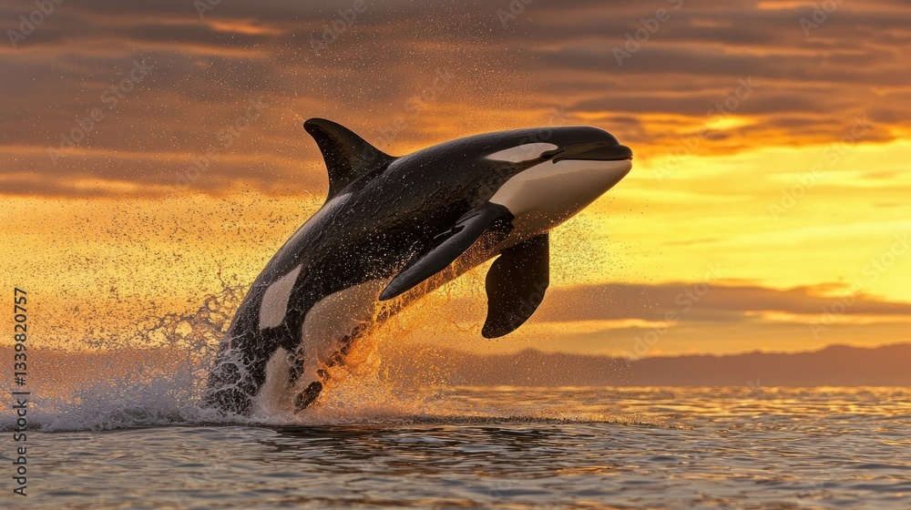 Fototapeta premium An Orca Jumps Through Water Under A Beautiful Sunset Sky