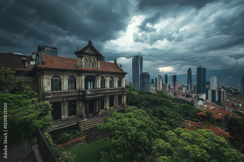Naklejka premium Stunning Medellin Colombia Skyline: A Vibrant Urban Landscape Showcasing Unique Architecture Against the Skies