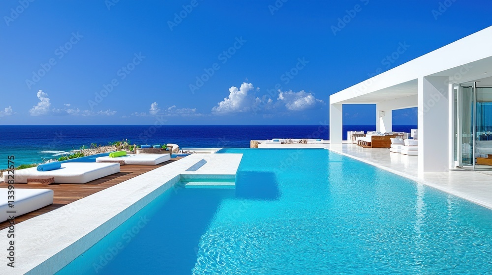 Fototapeta premium Luxurious modern villa overlooking the stunning clear blue ocean and sky