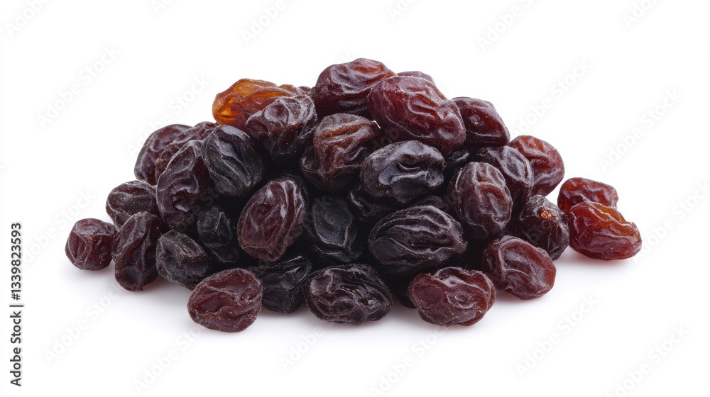 A Close-Up Shot of a Pile of Dark Brown Raisins on a White Background A Close-Up Shot of a Pile of Dark Brown Raisins on a White Background