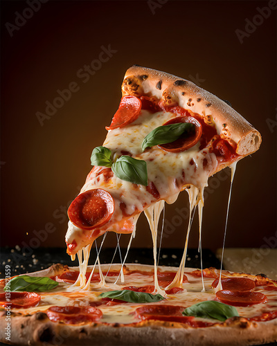 Pizza Slice with Dripping Cheese and Basil