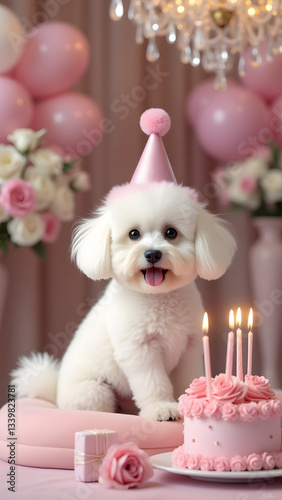 Bichon Frise in a pastel pink party hat celebrates a birthday indoors with a cake, pastel balloons, floral decor, and a chandelier for a luxurious and elegant party. photo