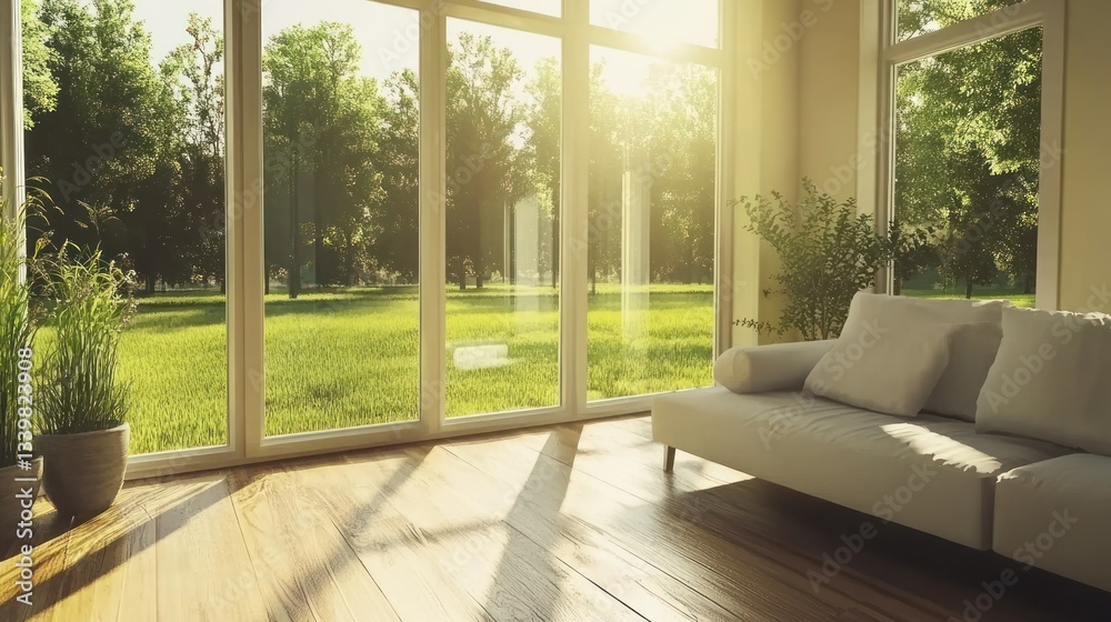 Fototapeta premium An interior room with view of natural green grass and trees