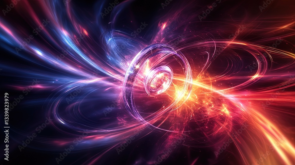 An atom colliding in a particle accelerator surrounded by luminous energy fields, dynamic and detailed An atom colliding in a particle accelerator surrounded by luminous energy fields, dynamic and detailed