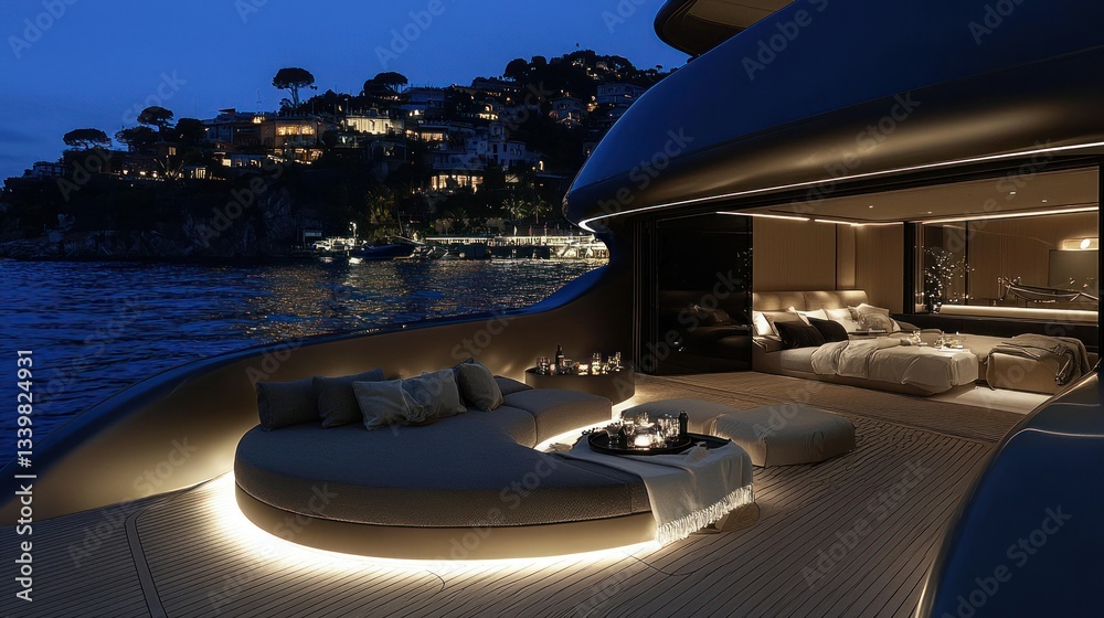 Fototapeta premium A luxurious yacht bedroom overlooking a nighttime coastal landscape