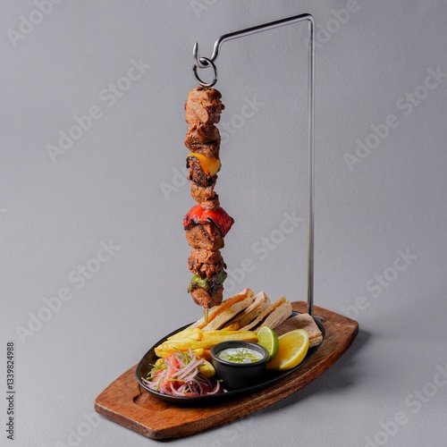 Grilled meat and vegetable skewer served vertically with fries, bread, salad, lemon, and sauce on a wooden platter in elegant restaurant style
