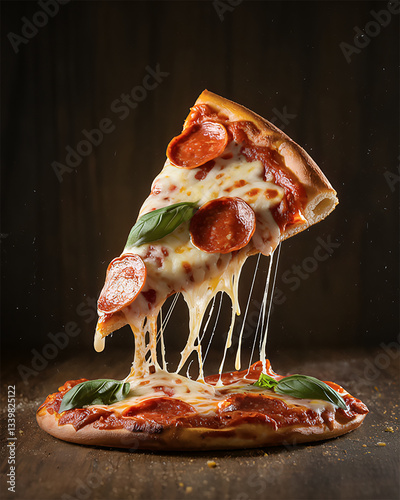 Pizza Slice with Dripping Cheese and Basil