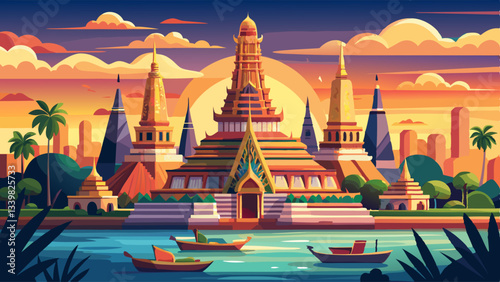 Temple of dawn Wat Arun with Chao Praya river sightseeing landmark of Bangkok