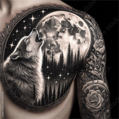 wolf tattoo whit a moon