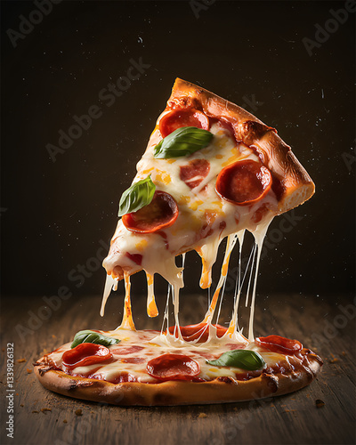 Pizza Slice with Dripping Cheese and Basil