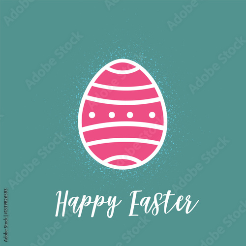 Green easter egg card with pink stripes and glitter, calligraphic Happy Easter.