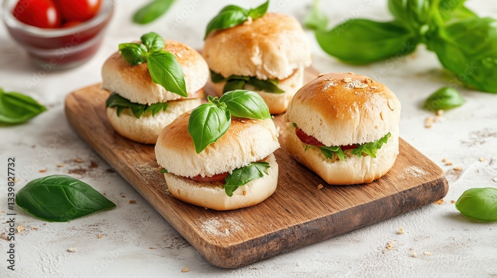 The soft bread, crisp ingredients, and fragrant basil create a mouthwatering display of mini sandwiches, elegantly arranged on a wooden board.