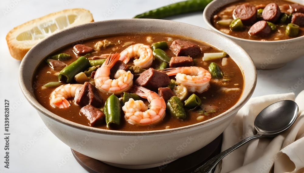 Serving of Seafood Gumbo Bowl with Bread and Fresh Ingredients Serving of Seafood Gumbo Bowl with Bread and Fresh Ingredients