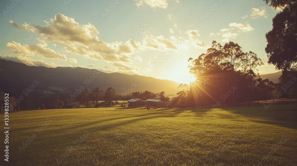 Golden sunlight illuminates the landscape featuring grass fields and mountains Golden sunlight illuminates the landscape featuring grass fields and mountains