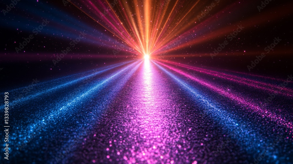 Fototapeta premium Glowing colorful rays converge on a glittering surface, creating a dynamic, radiant light effect.