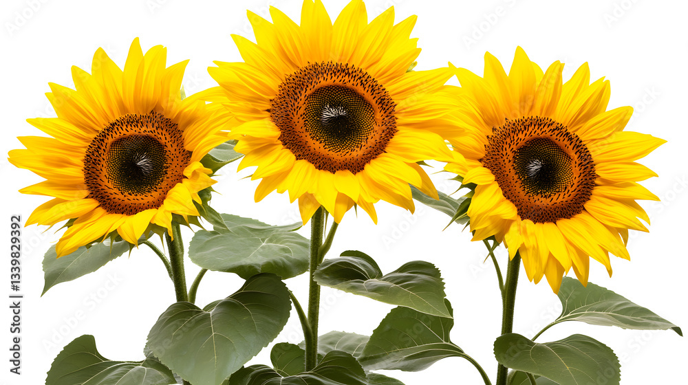 Fototapeta premium Bright yellow sunflowers in full bloom cut out on white background. PNG