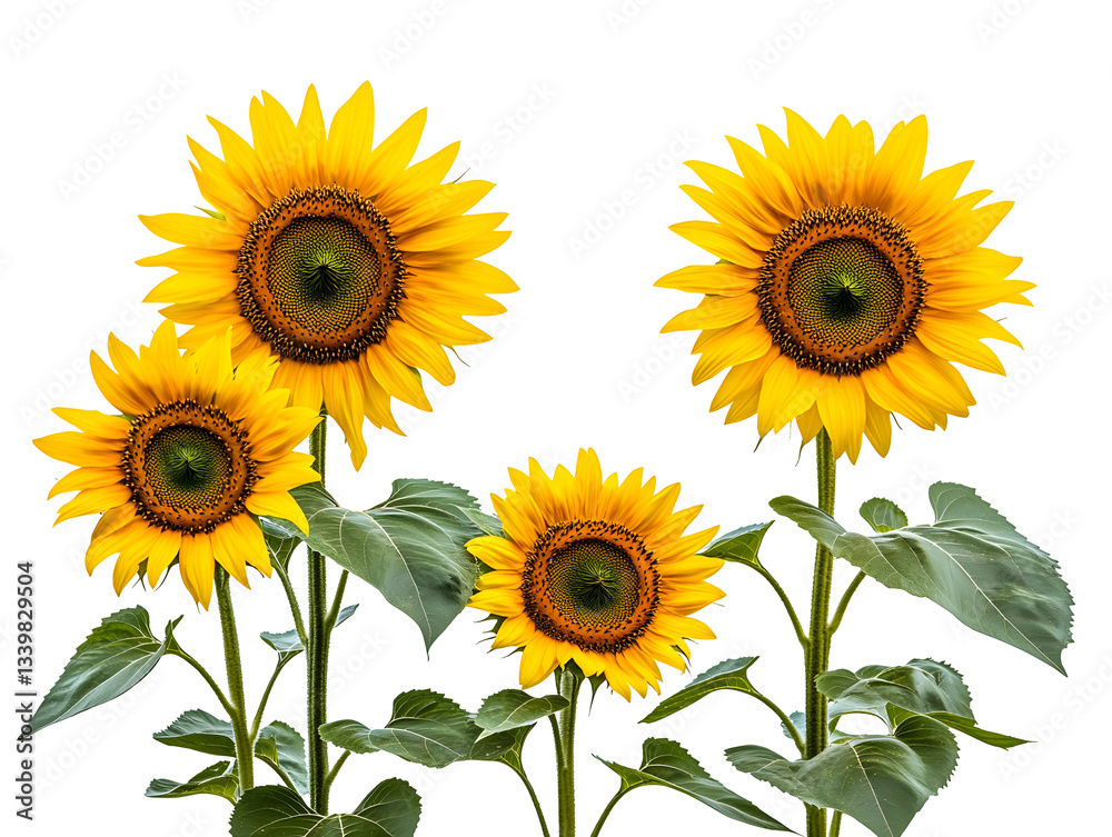 Fototapeta premium Bright yellow sunflowers in full bloom cut out on white background. PNG