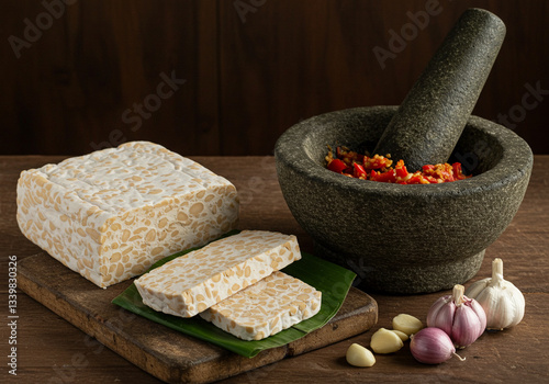 Tempeh, a delicious Indonesian food, prepared with garlic and chili