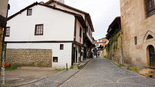 Cobblestone street with traditional Ottoman houses in the Beypazarı district of Ankara, Turkey.