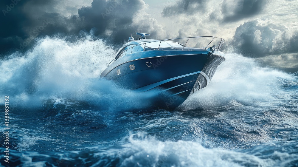 Fototapeta premium Blue Luxury Yacht Cutting Through Stormy Seas