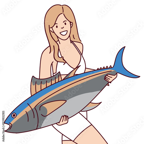 Young woman holding a large tuna fish, representing marine conservation and sustainable seafood industry. The image highlights responsible fishing and biodiversity protection