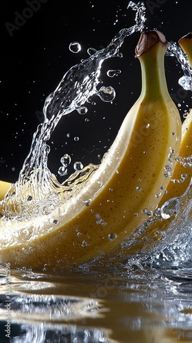 Bananas being splashed by water in a dark background setting