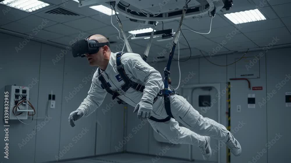 Caucasian man in vr headset training in zero gravity simulator video clip. Astronaut practicing space mission in virtual reality with haptic suit motion footage.