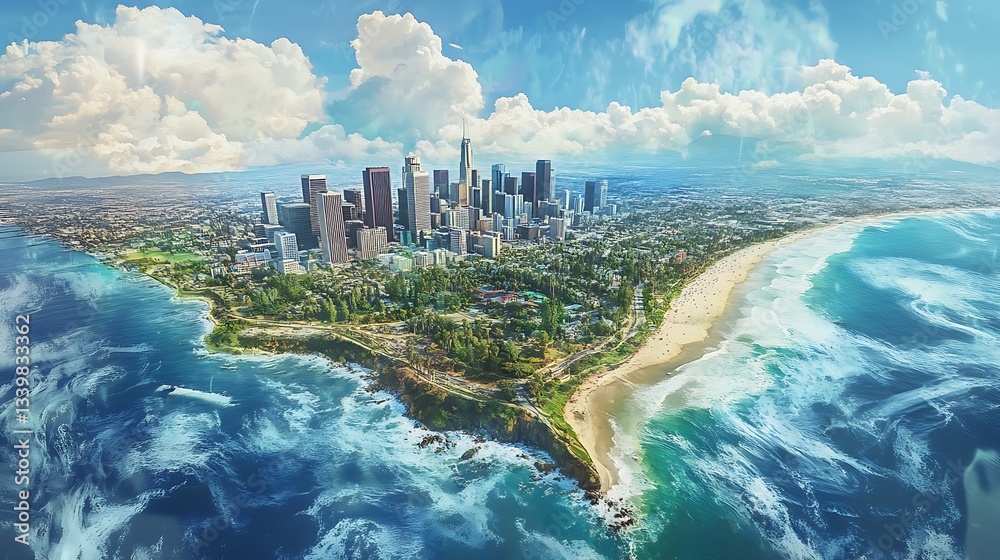 Naklejka premium A panoramic view of a coastal city landscape under the sky