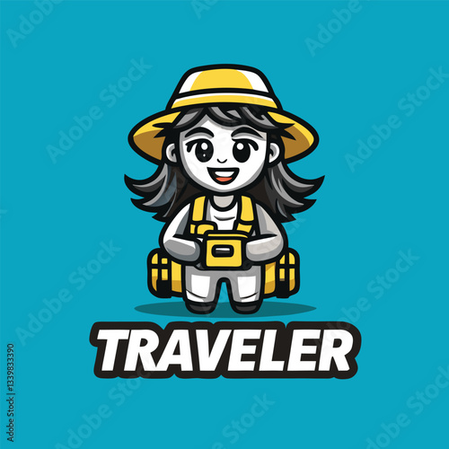 Traveler Girl Logo Vector Character Mascot Cartoon with Globe and Map