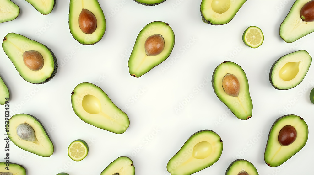 Fresh Avocado Halves and Lime Slices Pattern on White - Healthy Food Background Fresh Avocado Halves and Lime Slices Pattern on White - Healthy Food Background