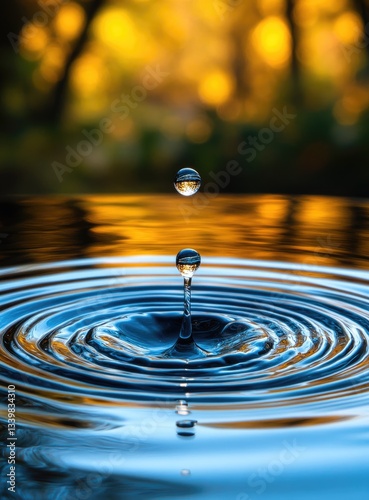 Water drop impacting a calm water surface, creating ripples.  Golden-hued bokeh background suggests natural light and an outdoor setting