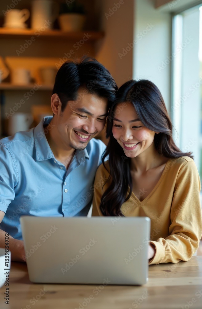 smiling happy young asian couple sitting at wooden table looking at laptop screen, cozy home interior. digital lifestyle. home office, online shopping, social media browsing. sales and discounts smiling happy young asian couple sitting at wooden table looking at laptop screen, cozy home interior. digital lifestyle. home office, online shopping, social media browsing. sales and discounts