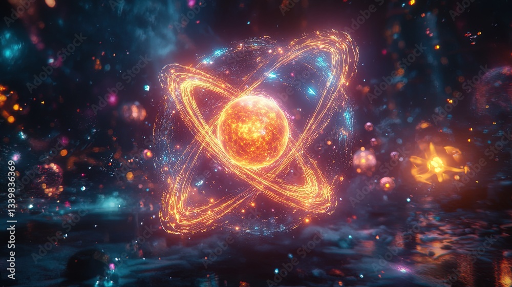 A glowing atom suspended in mid-air, surrounded by vibrant quantum energy, intricate and captivating A glowing atom suspended in mid-air, surrounded by vibrant quantum energy, intricate and captivating