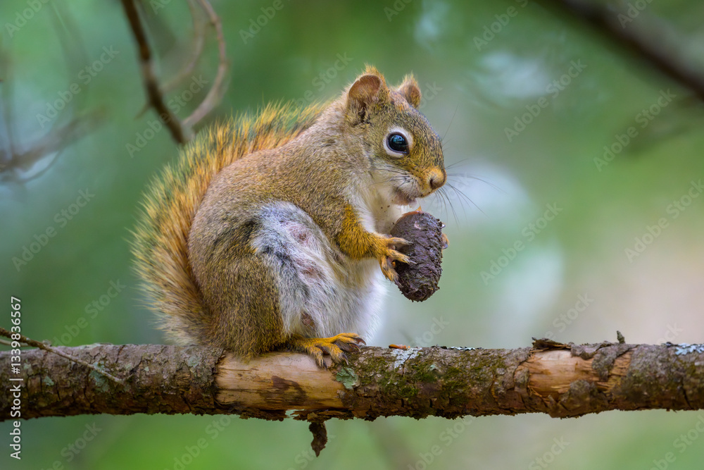American Red Squirrel holding acorn in front paws American Red Squirrel holding acorn in front paws